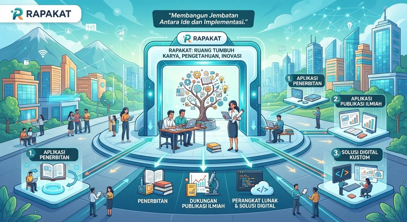 Ilustrasi ekosistem RAPAKAT: penerbitan, publikasi ilmiah, dan solusi digital
